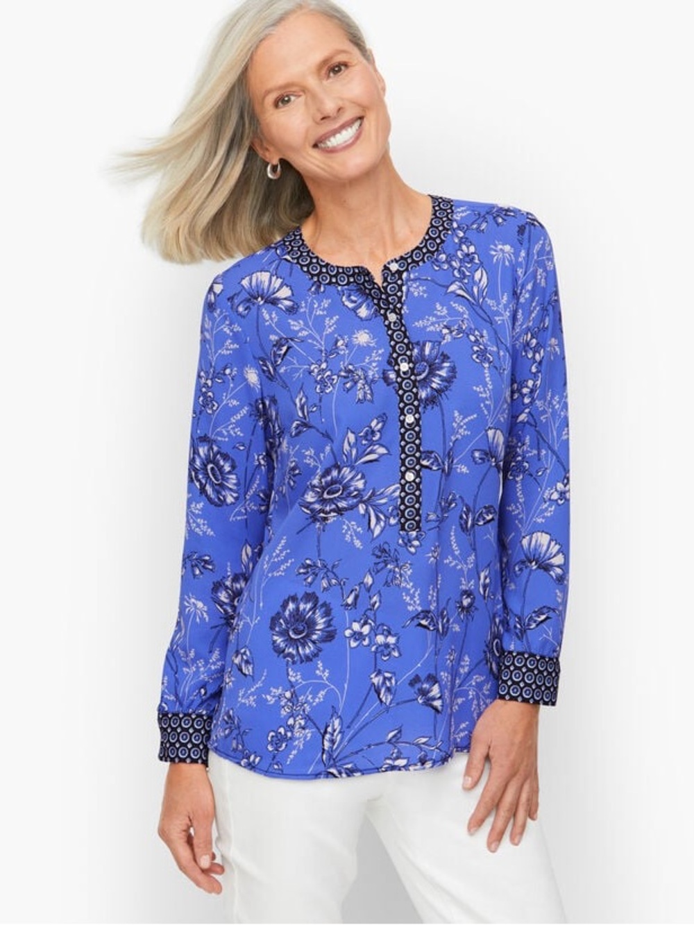 Talbots Etched Botanical Band Collar Popover Floral Blouse Blue Women Size Large